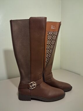 Coach Two-Tone Brown Over-the-Knee Logo Boots